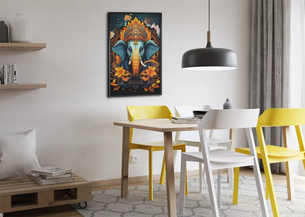 Ganesha wird oft als kleiner, beleibter Mann mit einem Elefantenkopf dargestellt, der auf einer Lotusblüte sitzt.